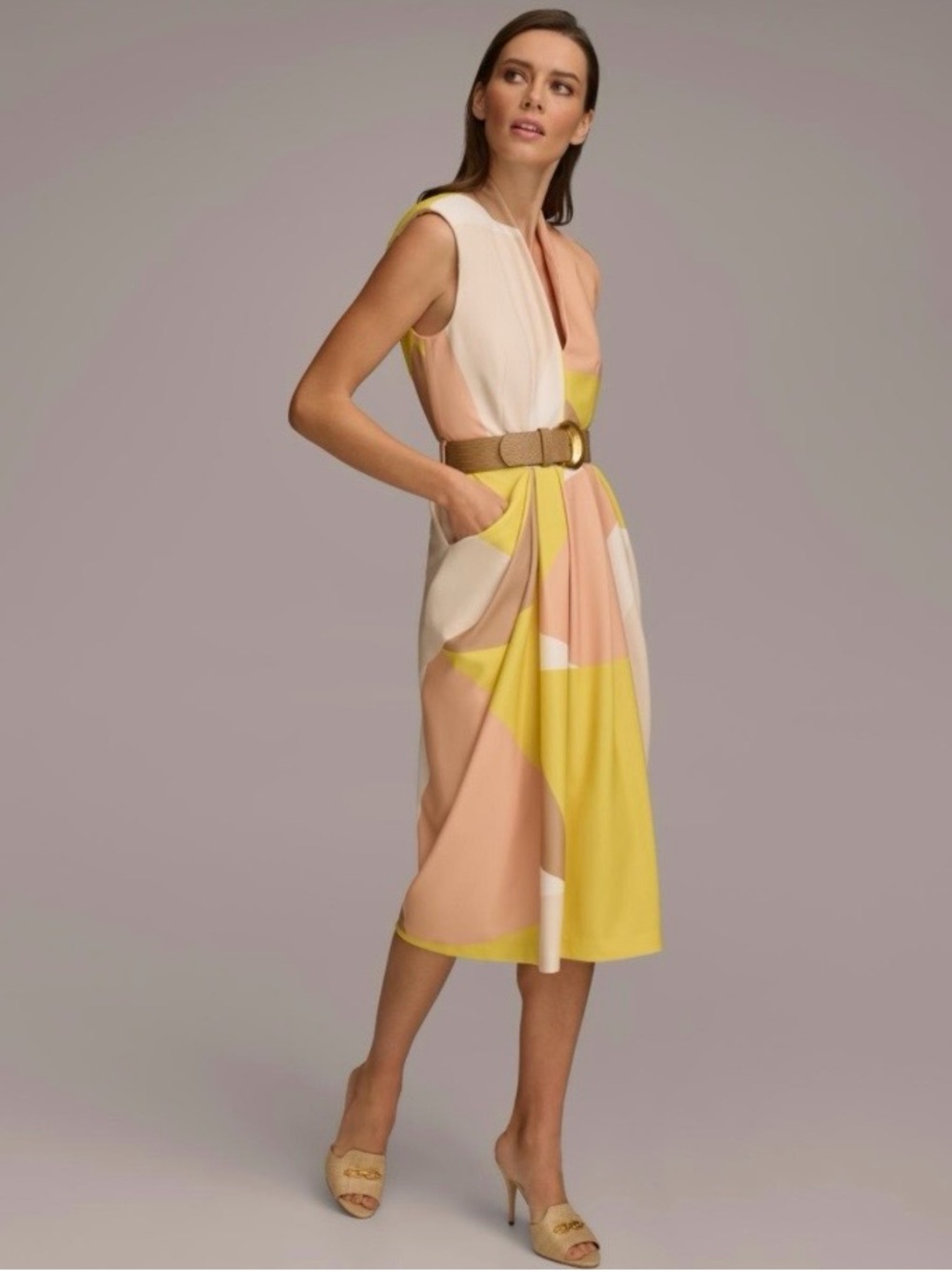 Donna Karan New York Colorblock Dress 16 Midi Sheath Yellow Beige Corporate Chic - Picture 3 of 16